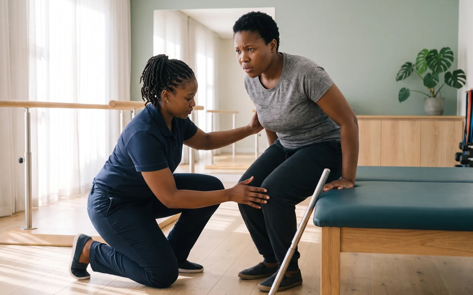 A physiotherapist steadying a patient as she rises from a treatment plinth, a quad stick beside her